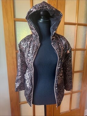 Body Glove Metallic Rose-Print Hooded Puffer Jacket - Black & Rose Gold